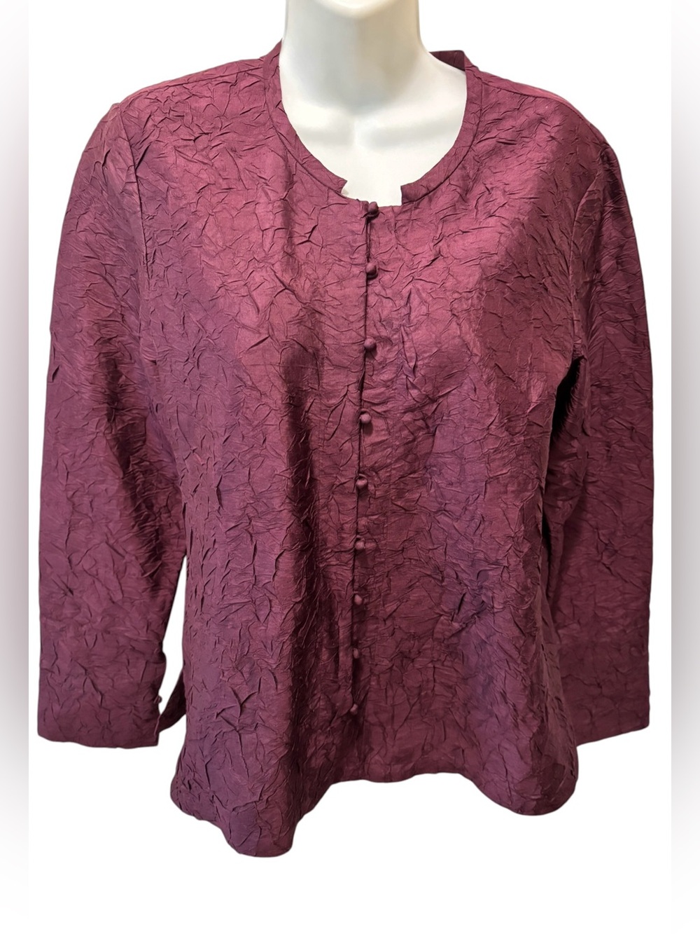 Eileen Fisher Deep Maroon Tussah SILK Textured Jacket Button Up Sz S Elegance